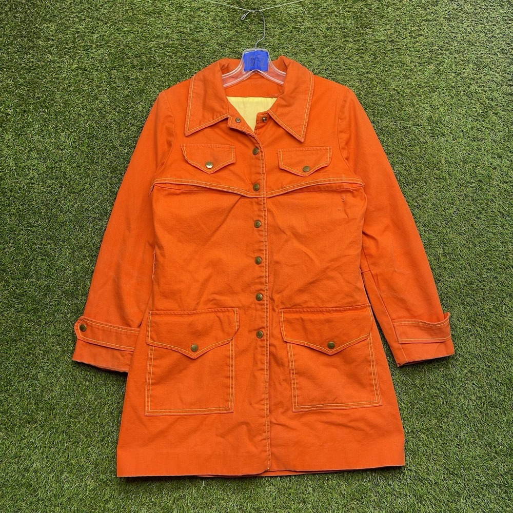 Vintage Sears Barn Jacket Womens 10 Medium Valor Orange Long Chore 80s 90s